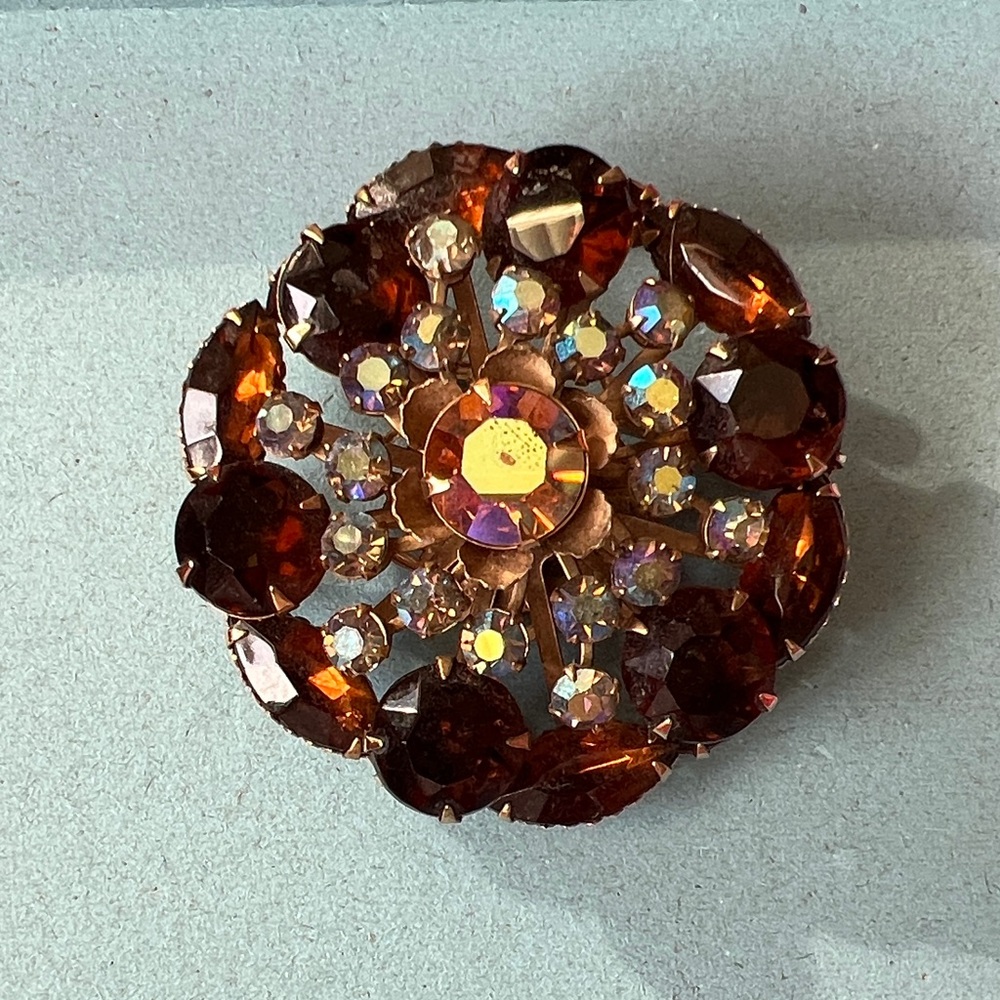 Vintage Czech Amber and AB Crystal Rhinestone Brooch circa 1950’s inspired?